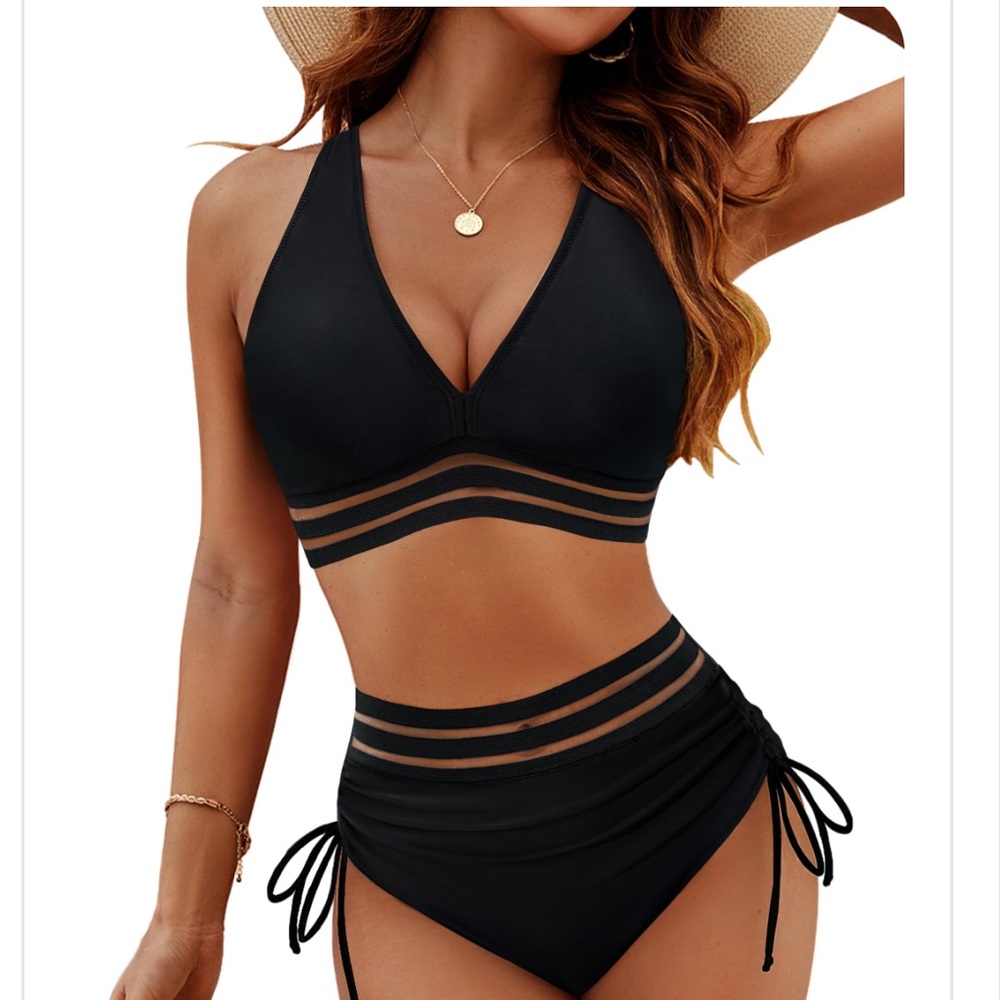 Black Mesh 2Pc. High-Waist Bathing Suit Bikini Swimwear Women’s Size Large.